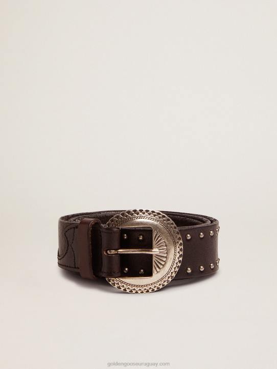 hombres cinturón ranchero negro de piel lavada con tachuelas plateadasGolden Goose 02H6832