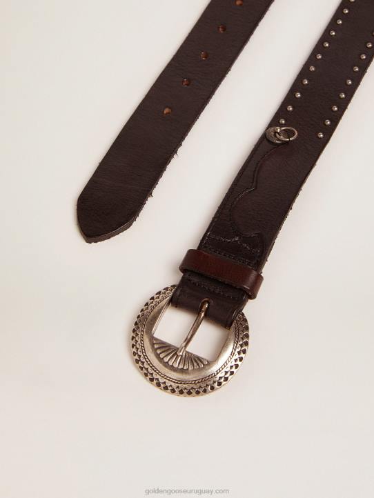 hombres cinturón ranchero negro de piel lavada con tachuelas plateadasGolden Goose 02H6832