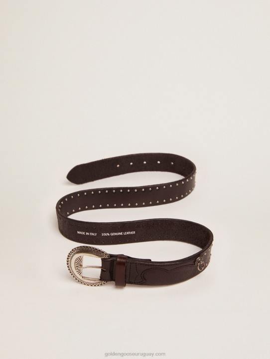 hombres cinturón ranchero negro de piel lavada con tachuelas plateadasGolden Goose 02H6832