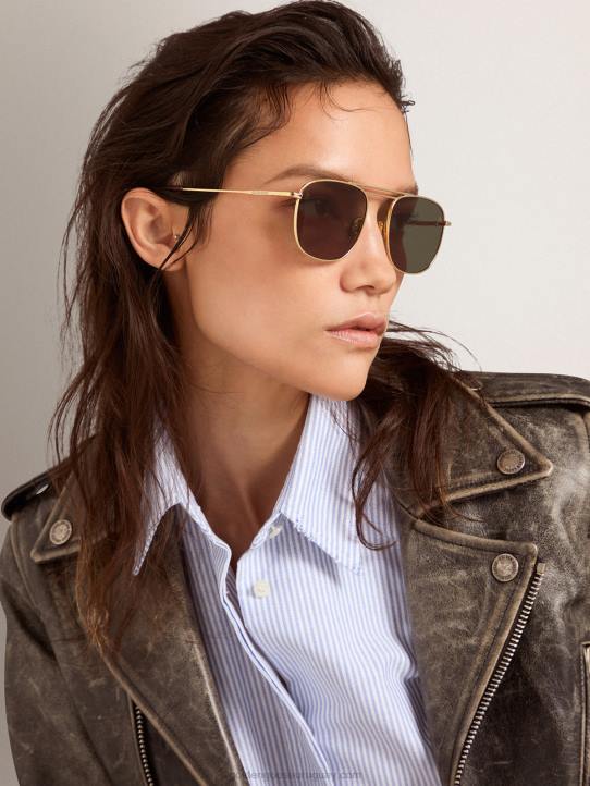 hombres montura solar estilo roger aviator con montura dorada y lentes verdesGolden Goose 02H6309