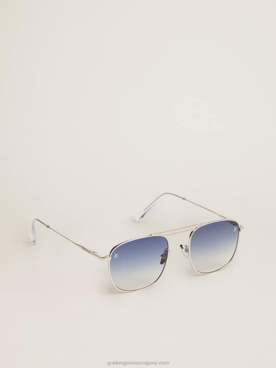 hombres montura solar estilo roger aviator con montura plateada y lentes azules degradadosGolden Goose 02H6293