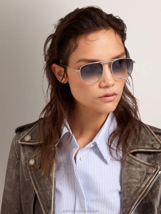 hombres montura solar estilo roger aviator con montura plateada y lentes azules degradadosGolden Goose 02H6293