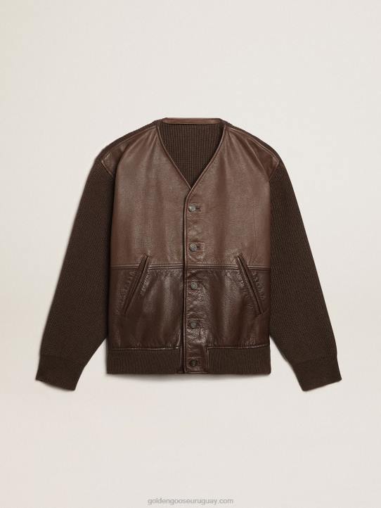 hombres Cárdigan de punto y piel color chocolate con cuello de picoGolden Goose 02H6818