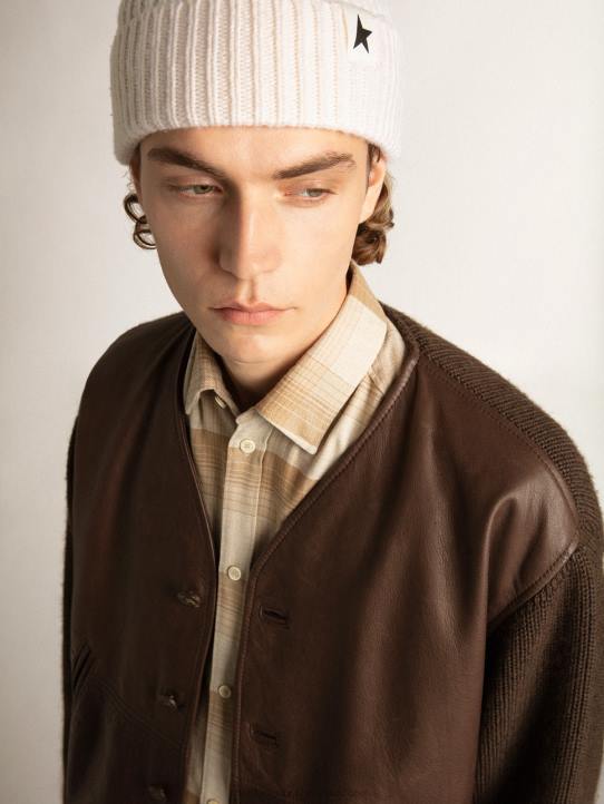 hombres Cárdigan de punto y piel color chocolate con cuello de picoGolden Goose 02H6818