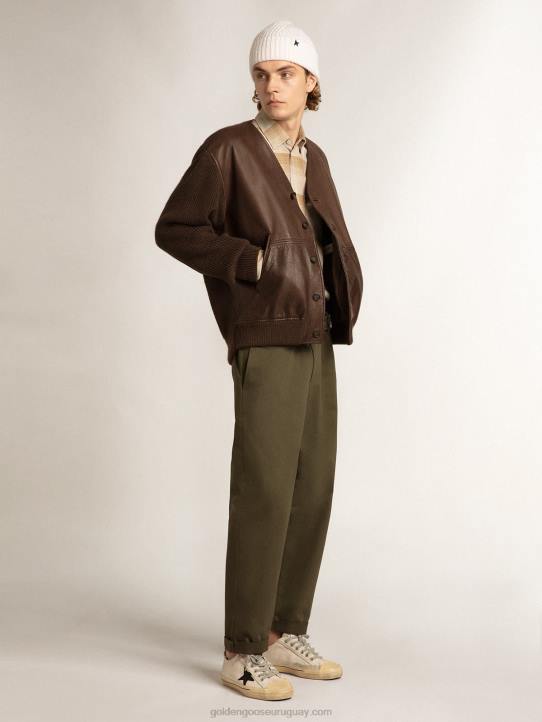 hombres Cárdigan de punto y piel color chocolate con cuello de picoGolden Goose 02H6818