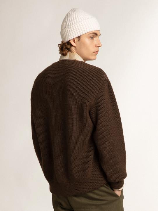 hombres Cárdigan de punto y piel color chocolate con cuello de picoGolden Goose 02H6818