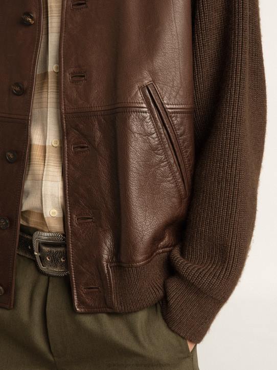 hombres Cárdigan de punto y piel color chocolate con cuello de picoGolden Goose 02H6818