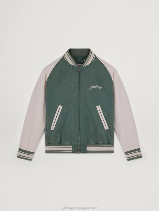hombres Chaqueta bomber eric verde militar y blanca de la colección Journey con efecto desgastado y bordados en contraste.Golden Goose 02H6720