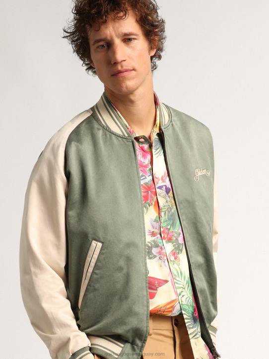 hombres Chaqueta bomber eric verde militar y blanca de la colección Journey con efecto desgastado y bordados en contraste.Golden Goose 02H6720