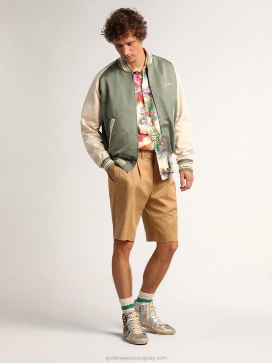 hombres Chaqueta bomber eric verde militar y blanca de la colección Journey con efecto desgastado y bordados en contraste.Golden Goose 02H6720