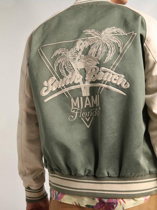 hombres Chaqueta bomber eric verde militar y blanca de la colección Journey con efecto desgastado y bordados en contraste.Golden Goose 02H6720