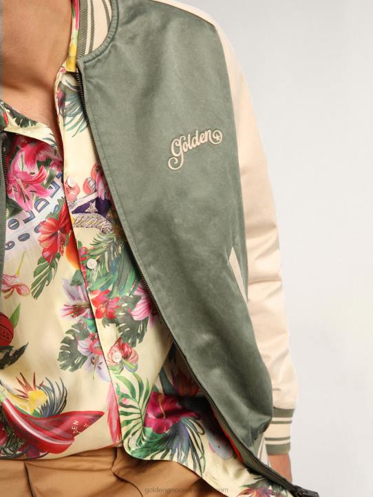 hombres Chaqueta bomber eric verde militar y blanca de la colección Journey con efecto desgastado y bordados en contraste.Golden Goose 02H6720