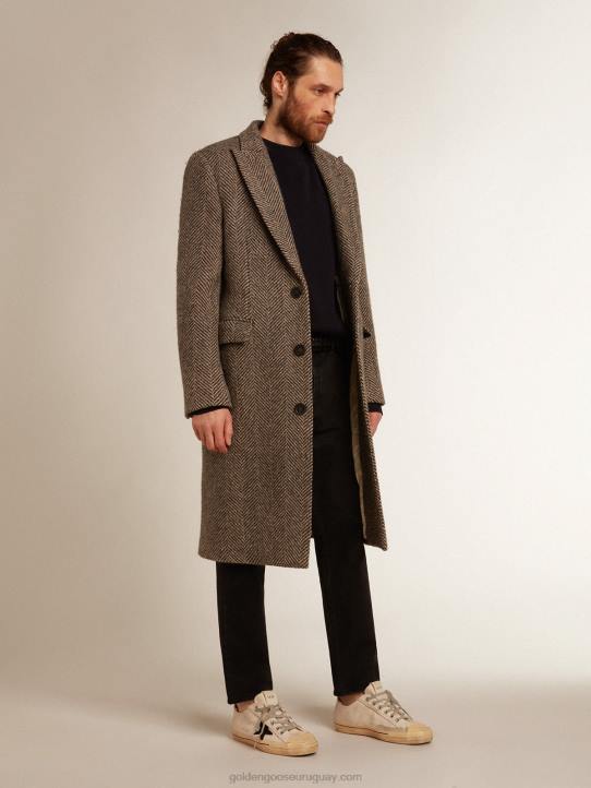 hombres abrigo de botonadura sencilla de lana con tejido de espiga en beige y grisGolden Goose 02H6774