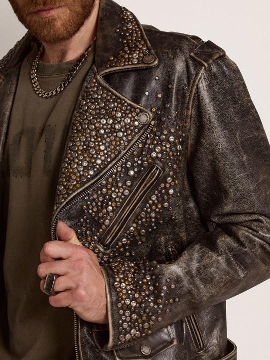 hombres cazadora biker de piel con tachuelas martilladas y cinta adhesivaGolden Goose 02H6704