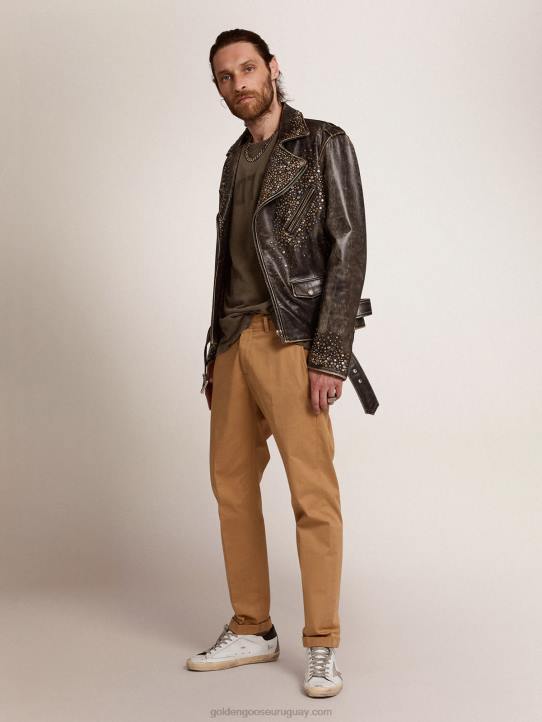 hombres cazadora biker de piel con tachuelas martilladas y cinta adhesivaGolden Goose 02H6704