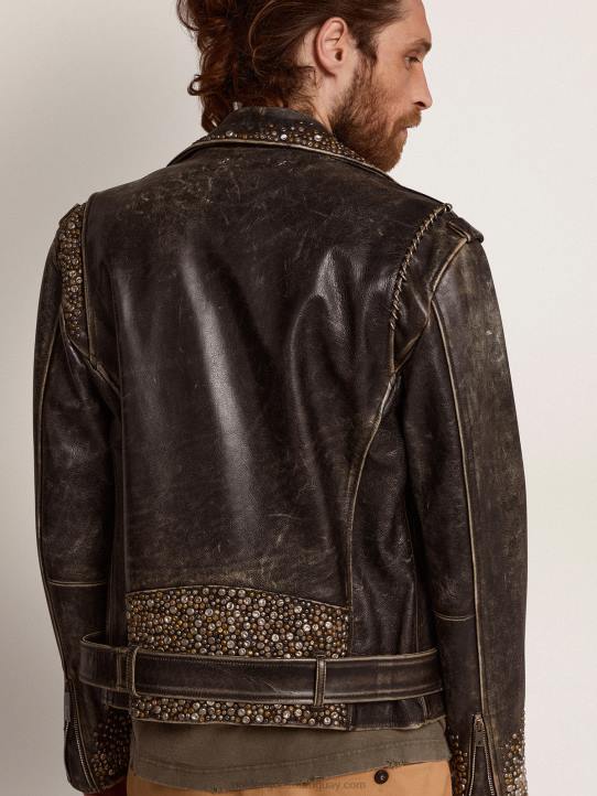 hombres cazadora biker de piel con tachuelas martilladas y cinta adhesivaGolden Goose 02H6704