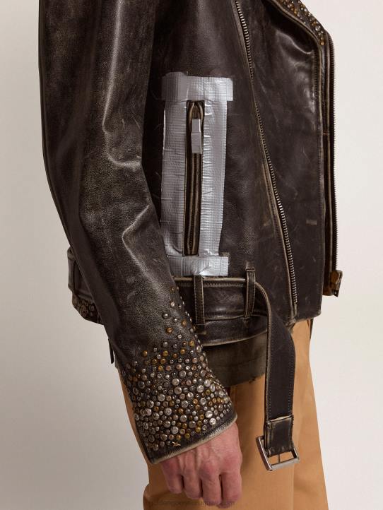 hombres cazadora biker de piel con tachuelas martilladas y cinta adhesivaGolden Goose 02H6704