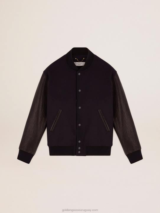 hombres cazadora bomber de lana azul oscuro con mangas de piel envejecidaGolden Goose 02H6773