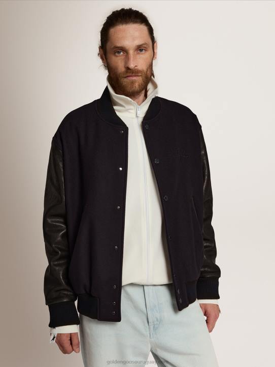 hombres cazadora bomber de lana azul oscuro con mangas de piel envejecidaGolden Goose 02H6773