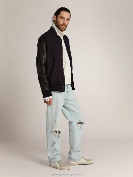 hombres cazadora bomber de lana azul oscuro con mangas de piel envejecidaGolden Goose 02H6773