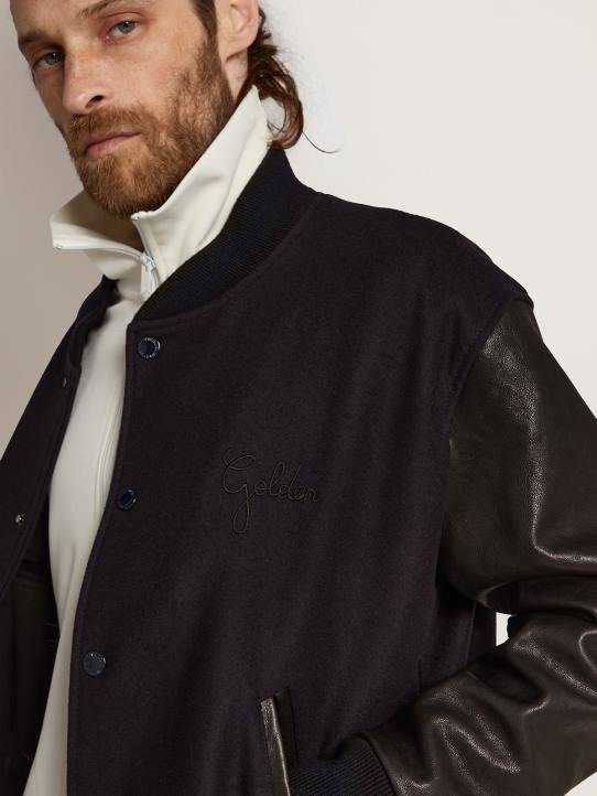 hombres cazadora bomber de lana azul oscuro con mangas de piel envejecidaGolden Goose 02H6773