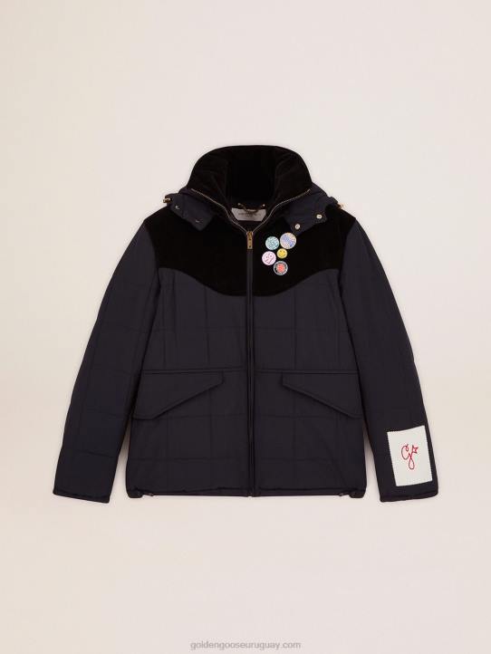 hombres chamarra acolchada de nailon azul oscuro y pana de algodón negraGolden Goose 02H6725