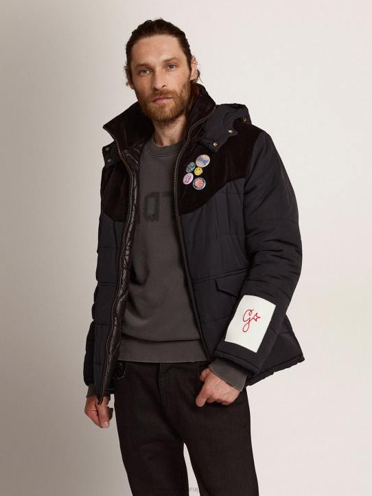 hombres chamarra acolchada de nailon azul oscuro y pana de algodón negraGolden Goose 02H6725