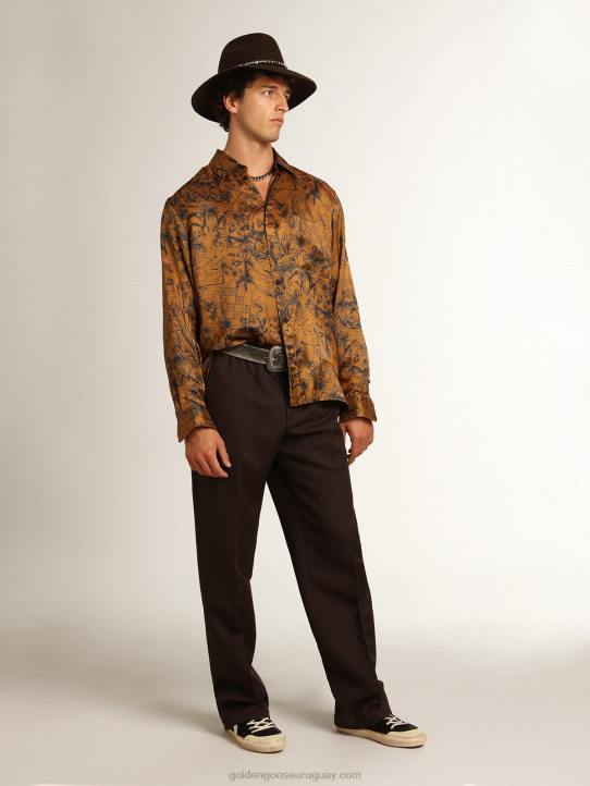 hombres Camisa de la colección Journey en marrón dorado con estampado de libretas.Golden Goose 02H6744