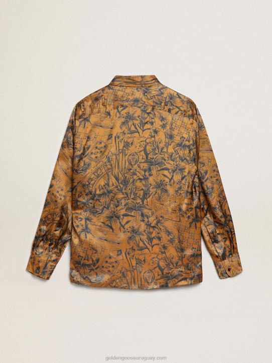 hombres Camisa de la colección Journey en marrón dorado con estampado de libretas.Golden Goose 02H6744