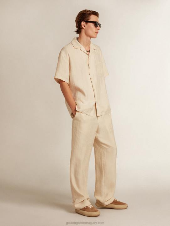 hombres camisa de manga corta de lino color pergaminoGolden Goose 02H6779