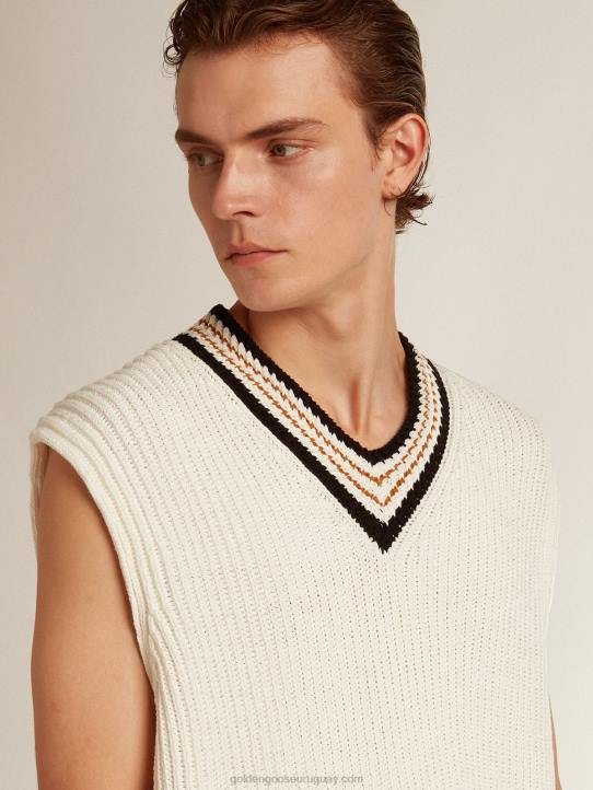 hombres chaleco con cuello de pico en hilo de algodón color papiroGolden Goose 02H6783
