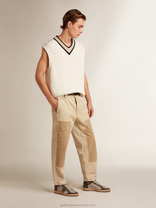 hombres chaleco con cuello de pico en hilo de algodón color papiroGolden Goose 02H6783
