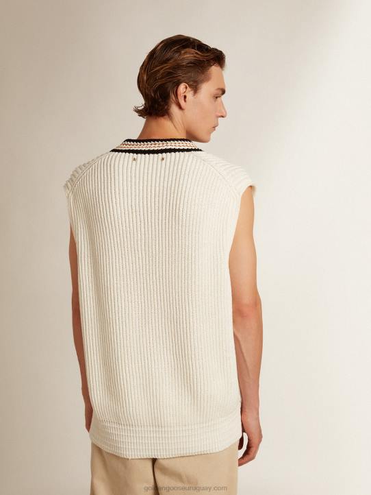 hombres chaleco con cuello de pico en hilo de algodón color papiroGolden Goose 02H6783