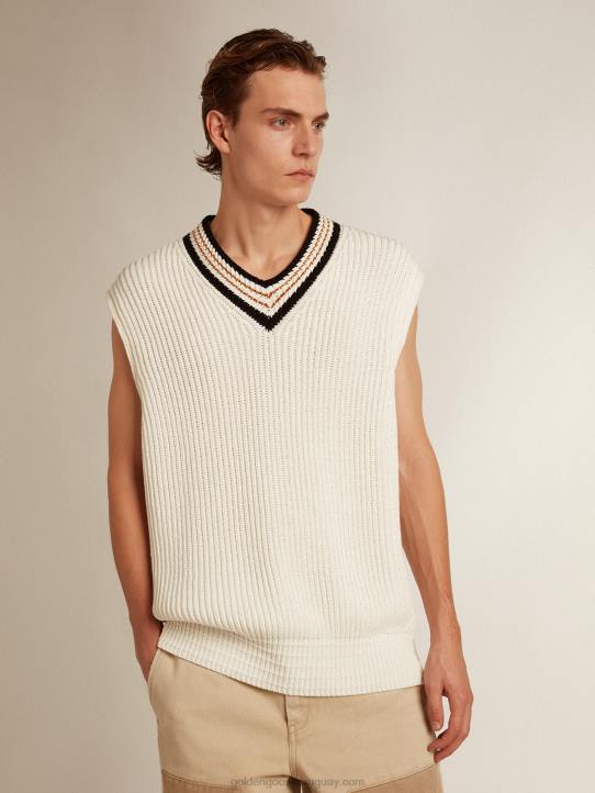 hombres chaleco con cuello de pico en hilo de algodón color papiroGolden Goose 02H6783