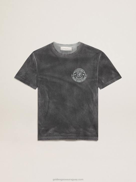 hombres Camiseta gris de la colección Journey con efecto envejecido y estampado frontal en color hierba marina a contraste.Golden Goose 02H6822