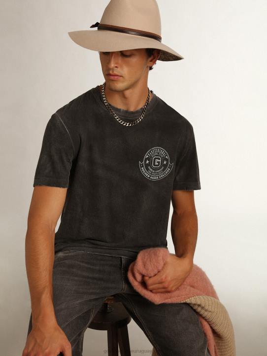 hombres Camiseta gris de la colección Journey con efecto envejecido y estampado frontal en color hierba marina a contraste.Golden Goose 02H6822