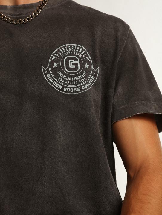 hombres Camiseta gris de la colección Journey con efecto envejecido y estampado frontal en color hierba marina a contraste.Golden Goose 02H6822