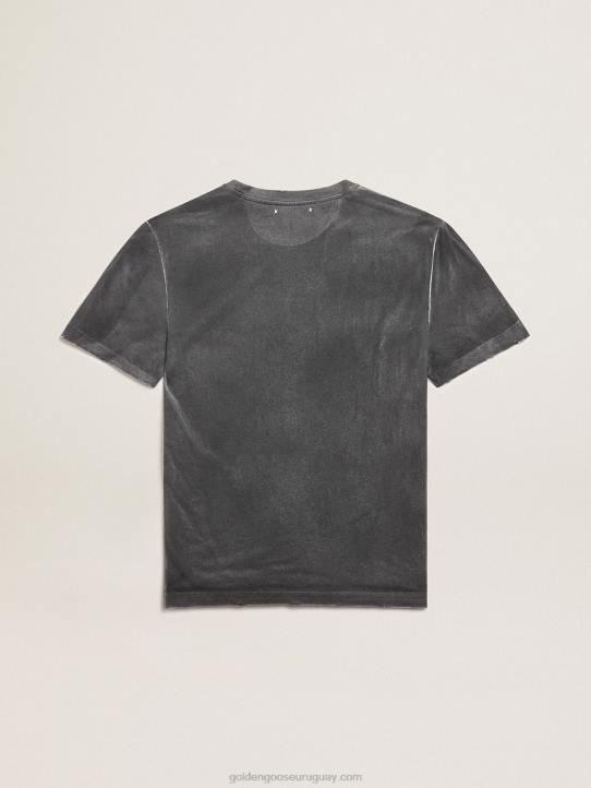 hombres Camiseta gris de la colección Journey con efecto envejecido y estampado frontal en color hierba marina a contraste.Golden Goose 02H6822