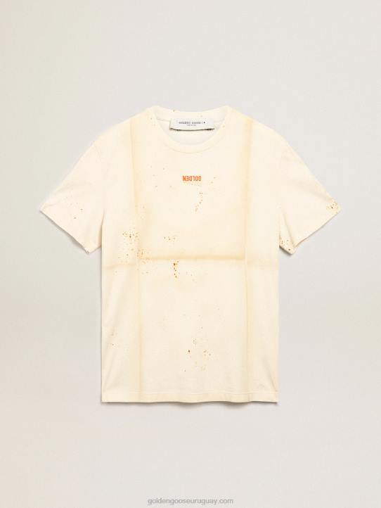 hombres camiseta de la colección travel en blanco hueso con efecto de prenda doblada con letras doradas y spray color óxido 02H6728