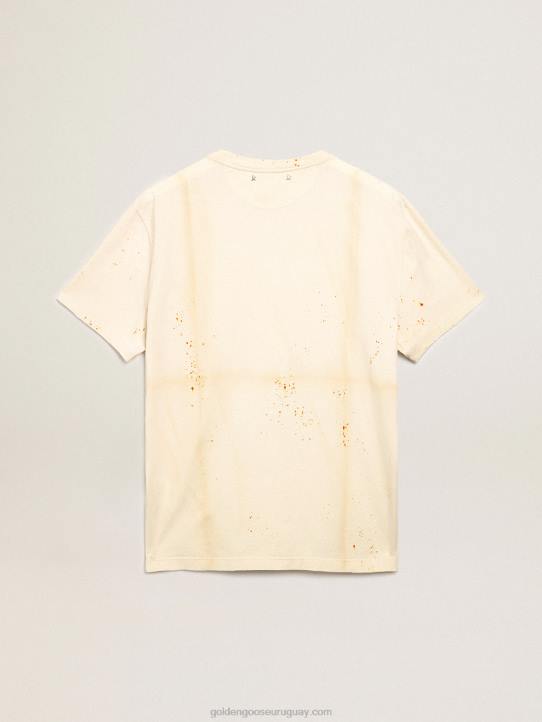 hombres camiseta de la colección travel en blanco hueso con efecto de prenda doblada con letras doradas y spray color óxido 02H6728