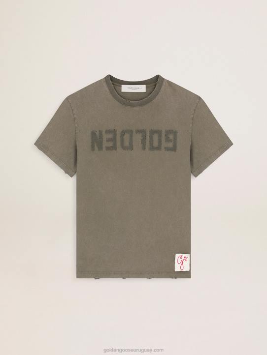 hombres camiseta verde oliva colección efecto envejecido con letras doradas en la parte delantera 02H6723
