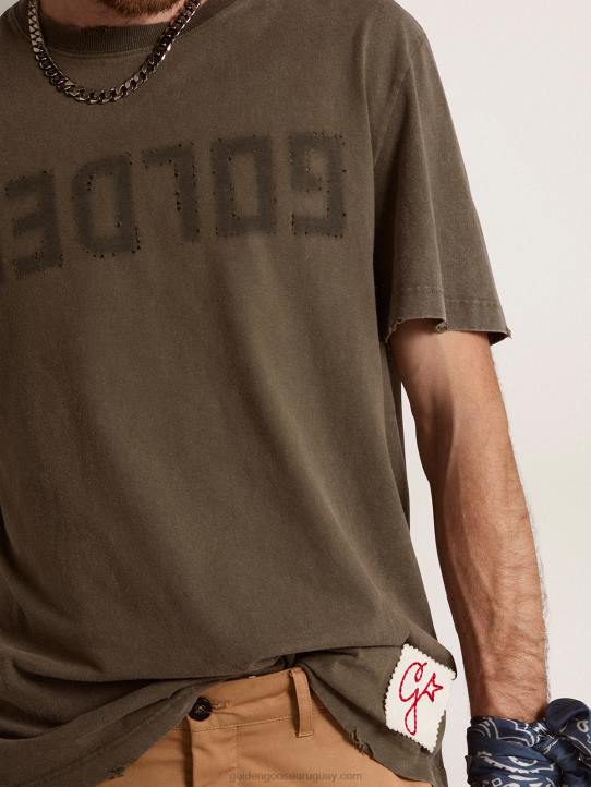 hombres camiseta verde oliva colección efecto envejecido con letras doradas en la parte delantera 02H6723