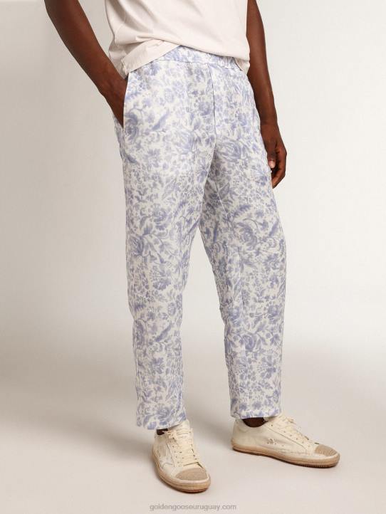hombres Pantalón de lino resort collection con estampado azul mediterráneoGolden Goose 02H6734