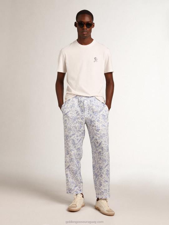 hombres camiseta de lino de la colección resort de algodón blanco vintage con flor estampadaGolden Goose 02H6708