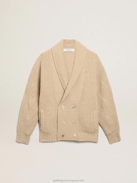 hombres Cárdigan cruzado de la colección Journey de lana de canalé beige con parches de piel tono sobre tonoGolden Goose 02H6715