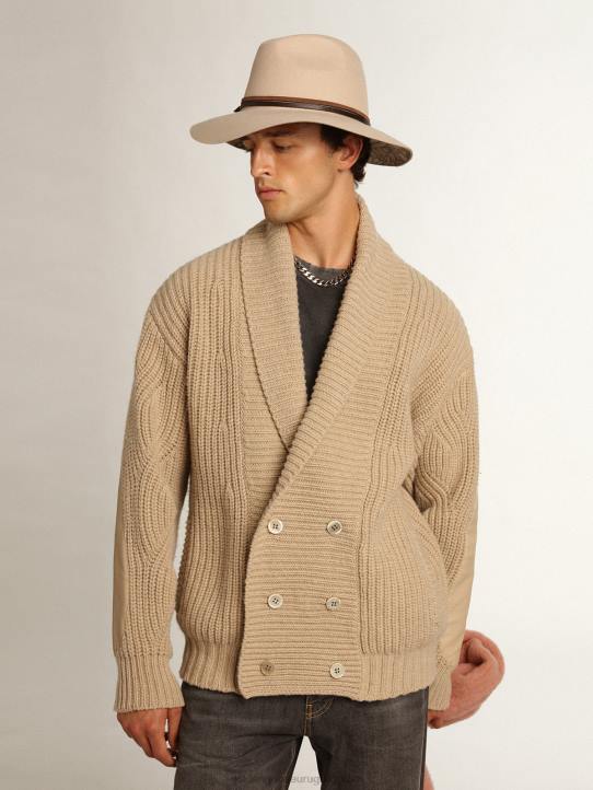 hombres Cárdigan cruzado de la colección Journey de lana de canalé beige con parches de piel tono sobre tonoGolden Goose 02H6715