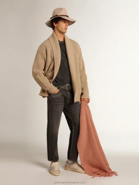 hombres Cárdigan cruzado de la colección Journey de lana de canalé beige con parches de piel tono sobre tonoGolden Goose 02H6715