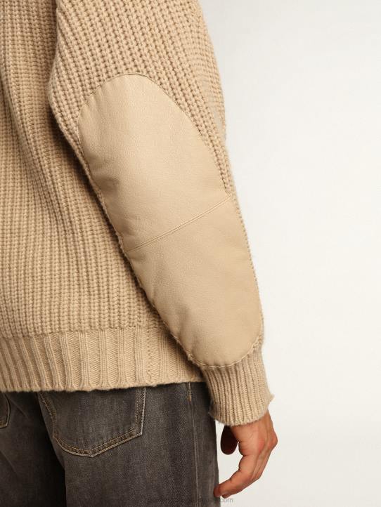 hombres Cárdigan cruzado de la colección Journey de lana de canalé beige con parches de piel tono sobre tonoGolden Goose 02H6715