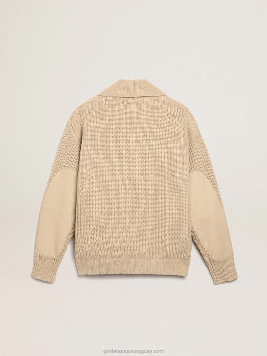 hombres Cárdigan cruzado de la colección Journey de lana de canalé beige con parches de piel tono sobre tonoGolden Goose 02H6715