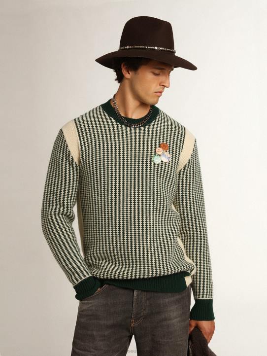 hombres Jersey de cuello redondo de la colección Journey en lana bicolor blanca y verde.Golden Goose 02H6749